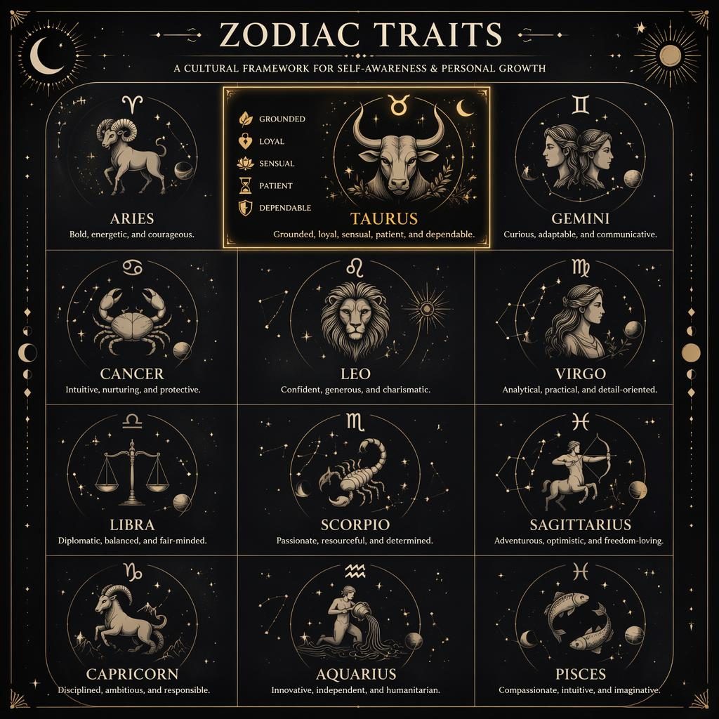 12-sign zodiac grid infographic with Taurus highlighted, celestial charts, constellations, lunar motifs, and monochrome gold accents