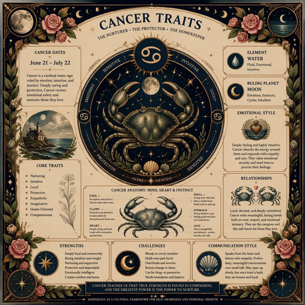 Infografía astrológica vintage de Cáncer con glifo central, fechas, agua, luna, rasgos y diagramas celestes decorativos.