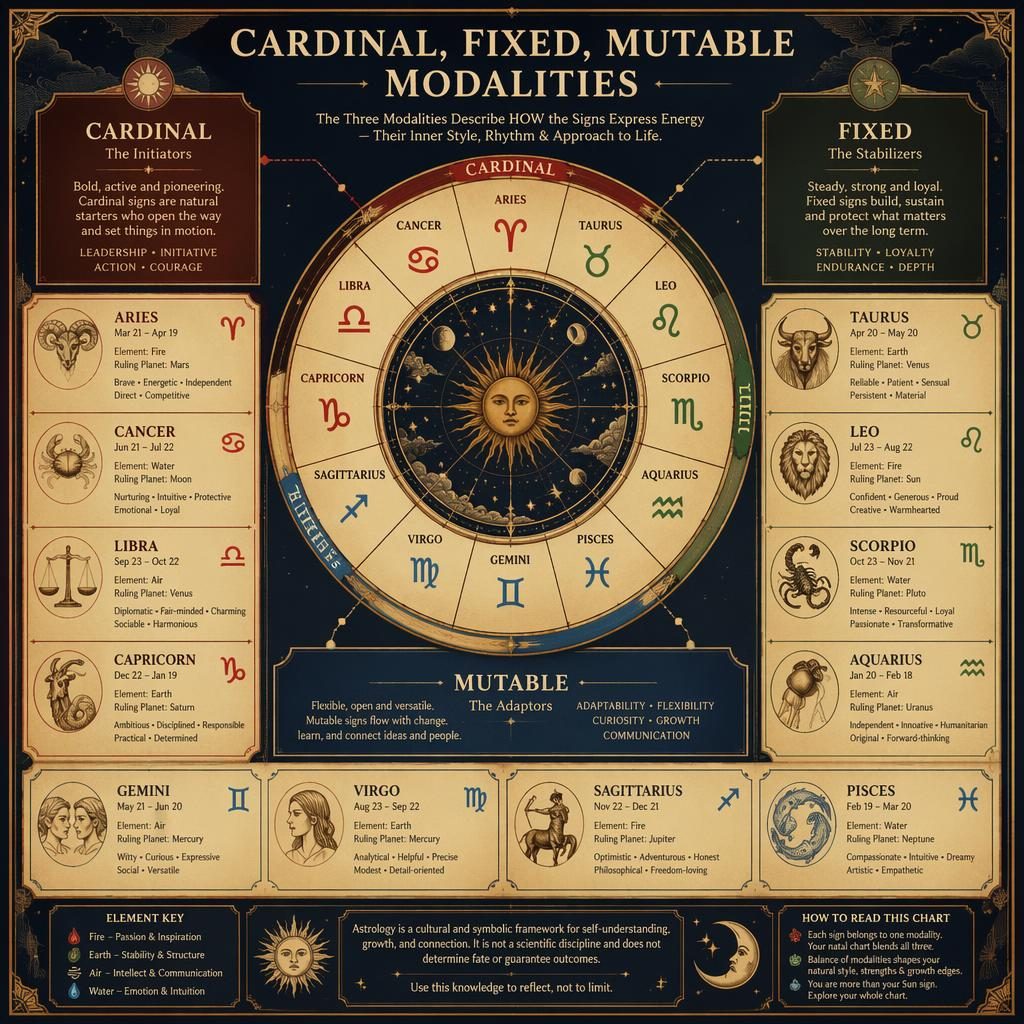 Vintage zodiac modalities infographic with ornate wheel, 12 signs, glyphs, date ranges, traits, and celestial earth-tone panels.