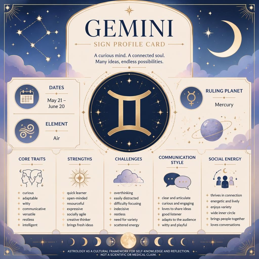 Infografía zodiacal de Géminis con glifo central, fechas, Mercurio, rasgos y motivos celestes en azul y dorado.