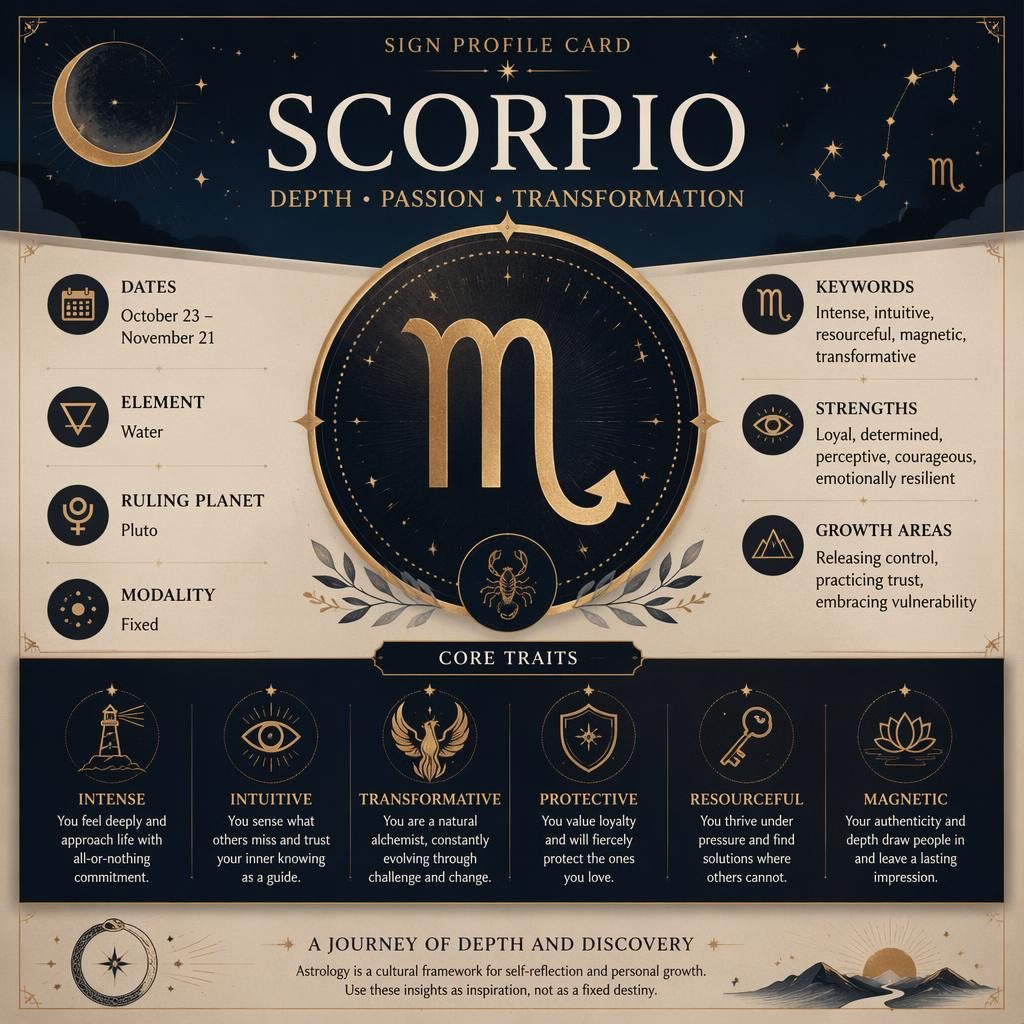 Scorpio Traits infographic card with Scorpio glyph, dates, element, Pluto, and personality traits in a warm celestial design.
