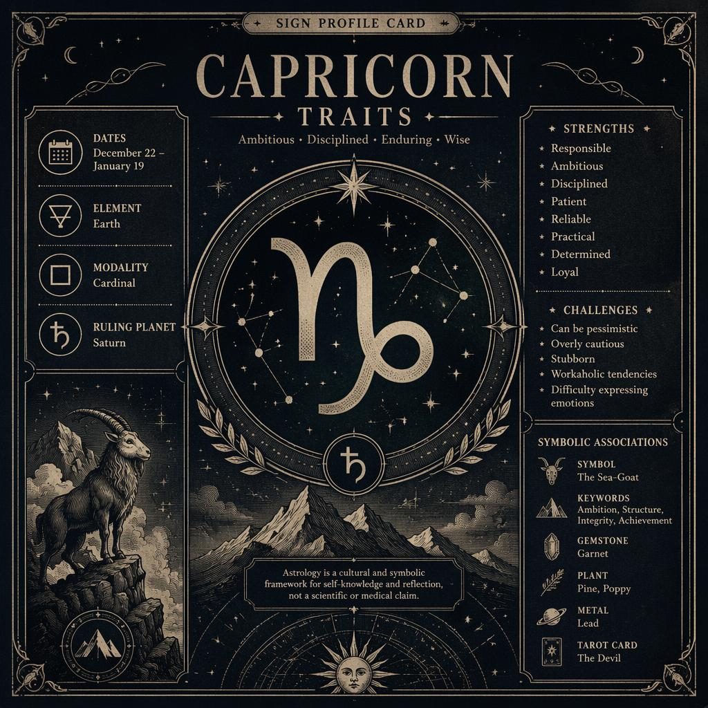 Vintage monochrome Capricorn traits infographic with glyph, Saturn label, dates, element, modality, strengths, challenges, and celestial border.
