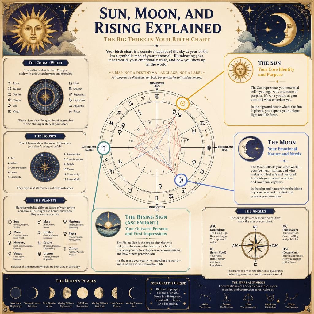 Vintage astrology infographic with natal chart wheel and callouts for Sun, Moon, and Rising in pastel blue and gold.