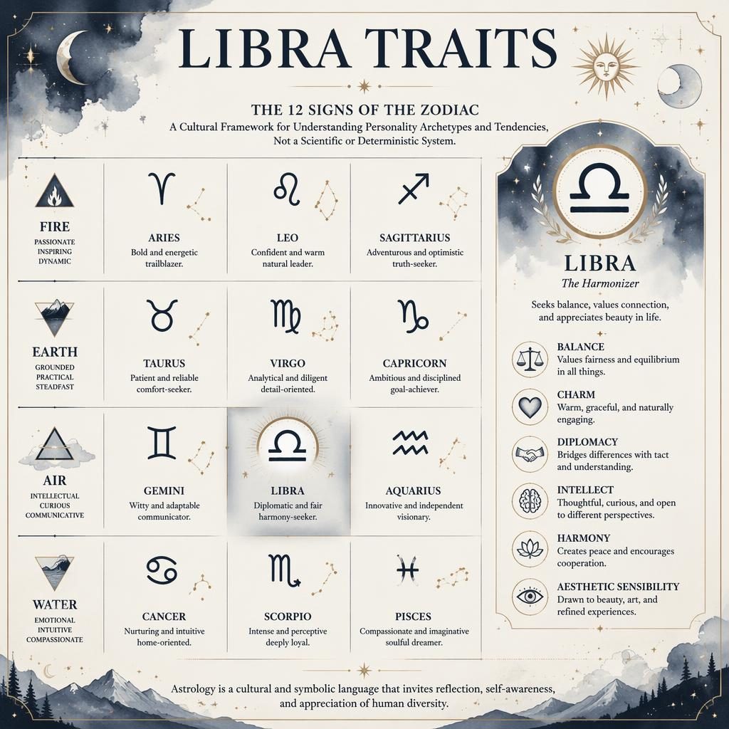 Infografía zodiacal Libra Traits con cuadrícula de 12 signos por elementos, Libra destacado en aire, estilo místico monocromo.