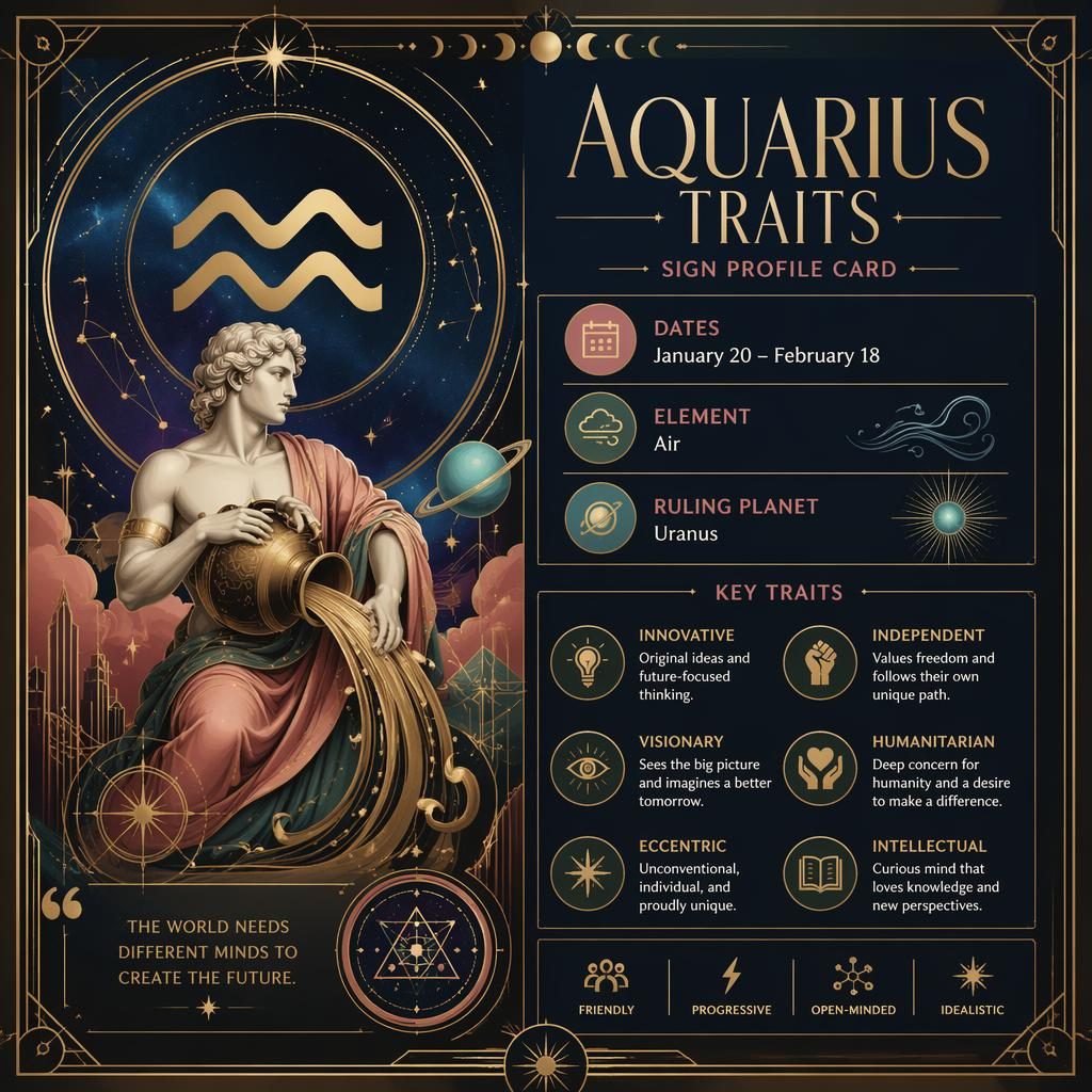 Art Deco Aquarius traits infographic with gold Aquarius glyph, January 20–February 18 dates, Air, Uranus, and celestial icons.