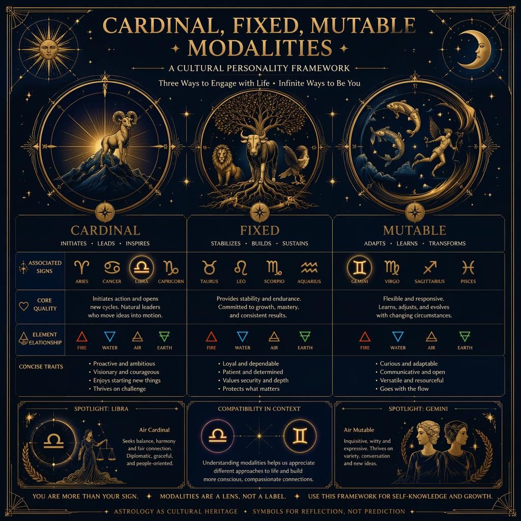 Art deco zodiac infographic on cardinal, fixed, and mutable modalities in midnight blue and gold with celestial icons.