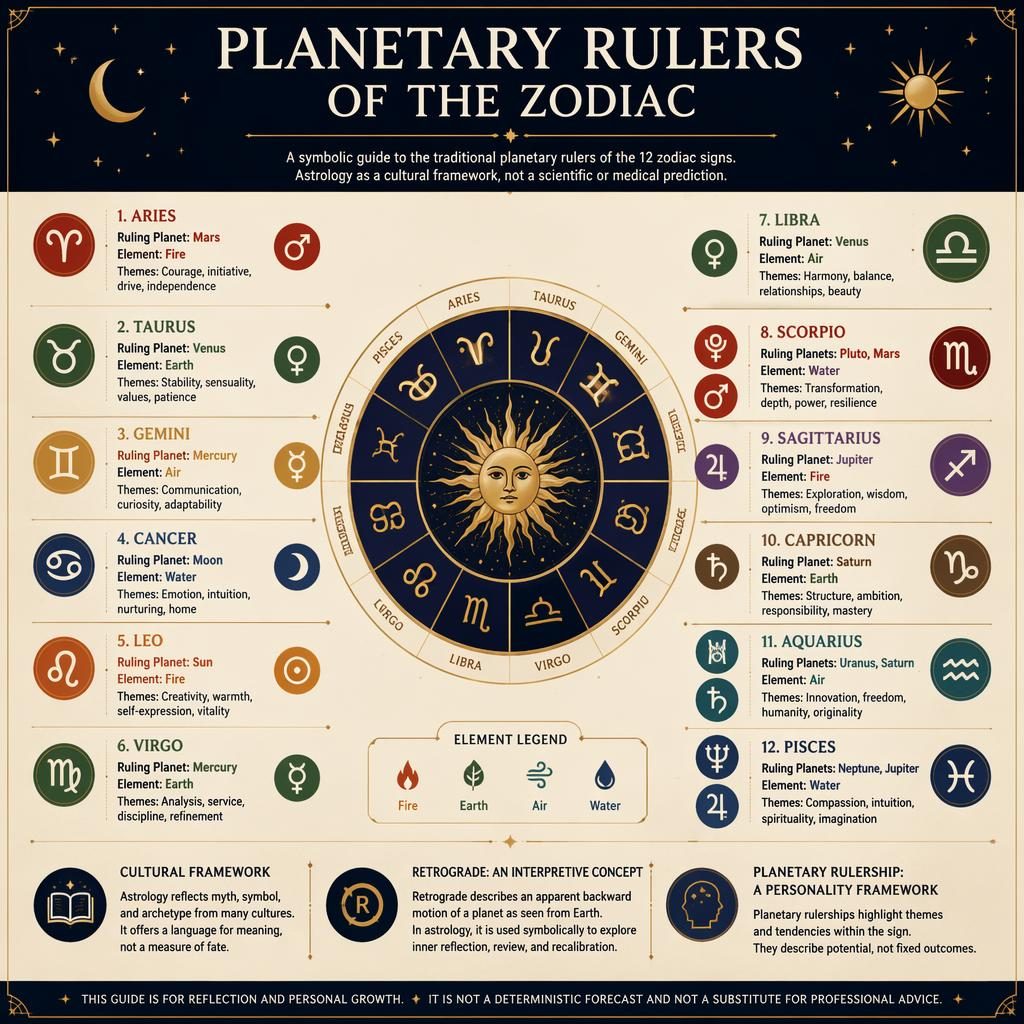 Editorial zodiac infographic with central celestial wheel and 12 sign badges showing ruling planets, elements, glyphs, and notes.