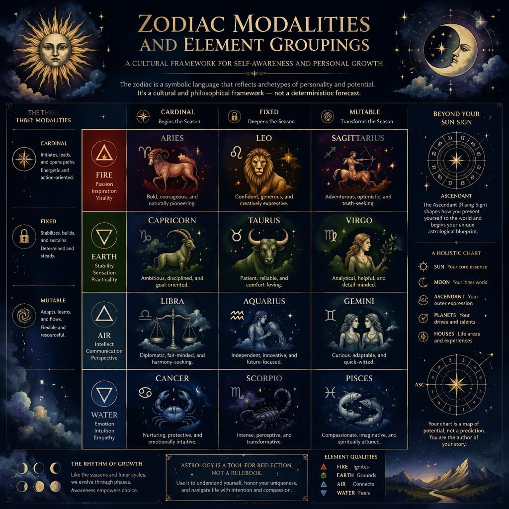 Mystical zodiac infographic grid in midnight blue and gold showing 12 signs by element and modality with celestial accents.