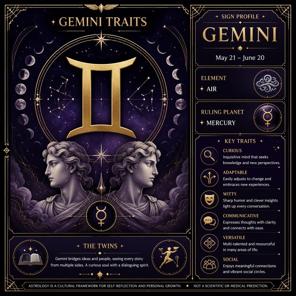 Infografía editorial de Géminis con glifo grande, fechas, elemento aire, Mercurio, rasgos y motivos celestes en dorado.