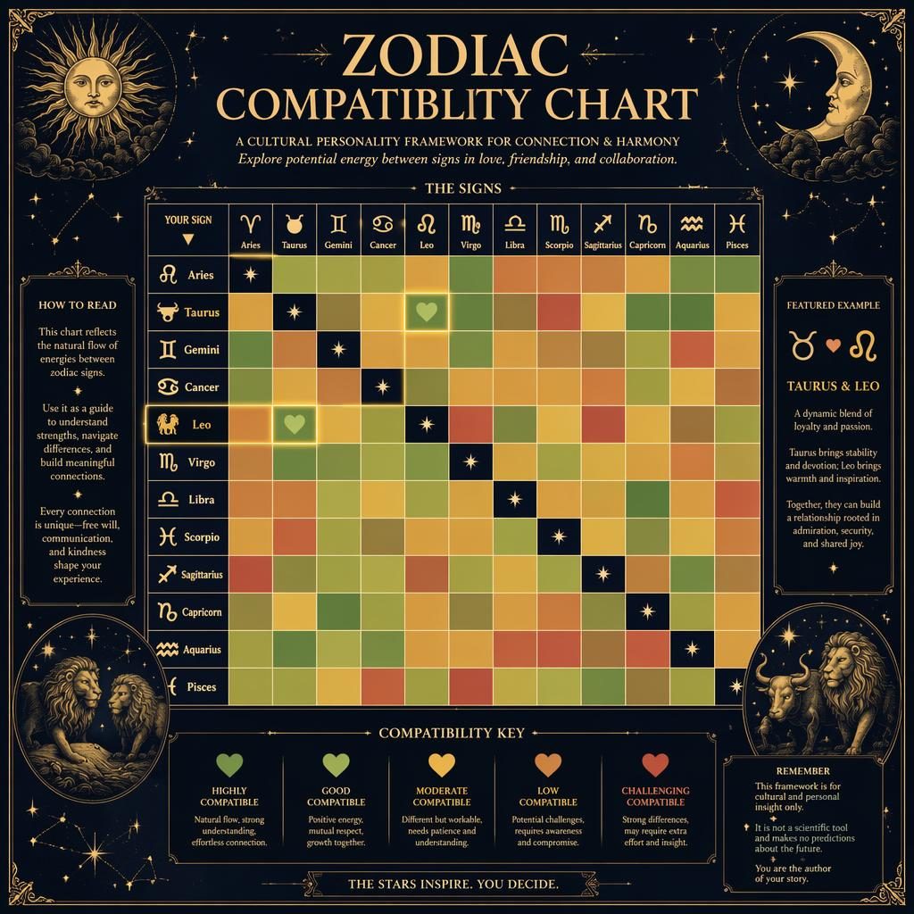Infografía de compatibilidad zodiacal 12x12 en azul noche y dorado, con Leo y Taurus destacados y motivos celestes vintage.