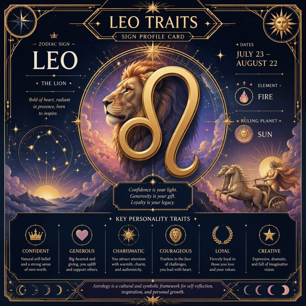 Art deco Leo traits infographic with gold Leo glyph, Sun ruling planet, dates, traits, constellations, and pastel celestial motifs.