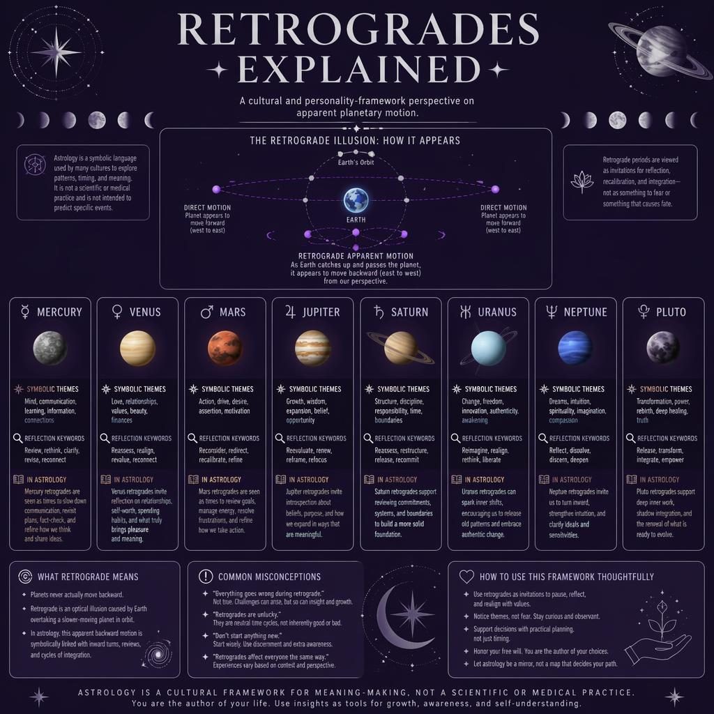 Deep purple astrology infographic on retrogrades with planet panels, orbit arrows, moon phases, star charts, and icons.