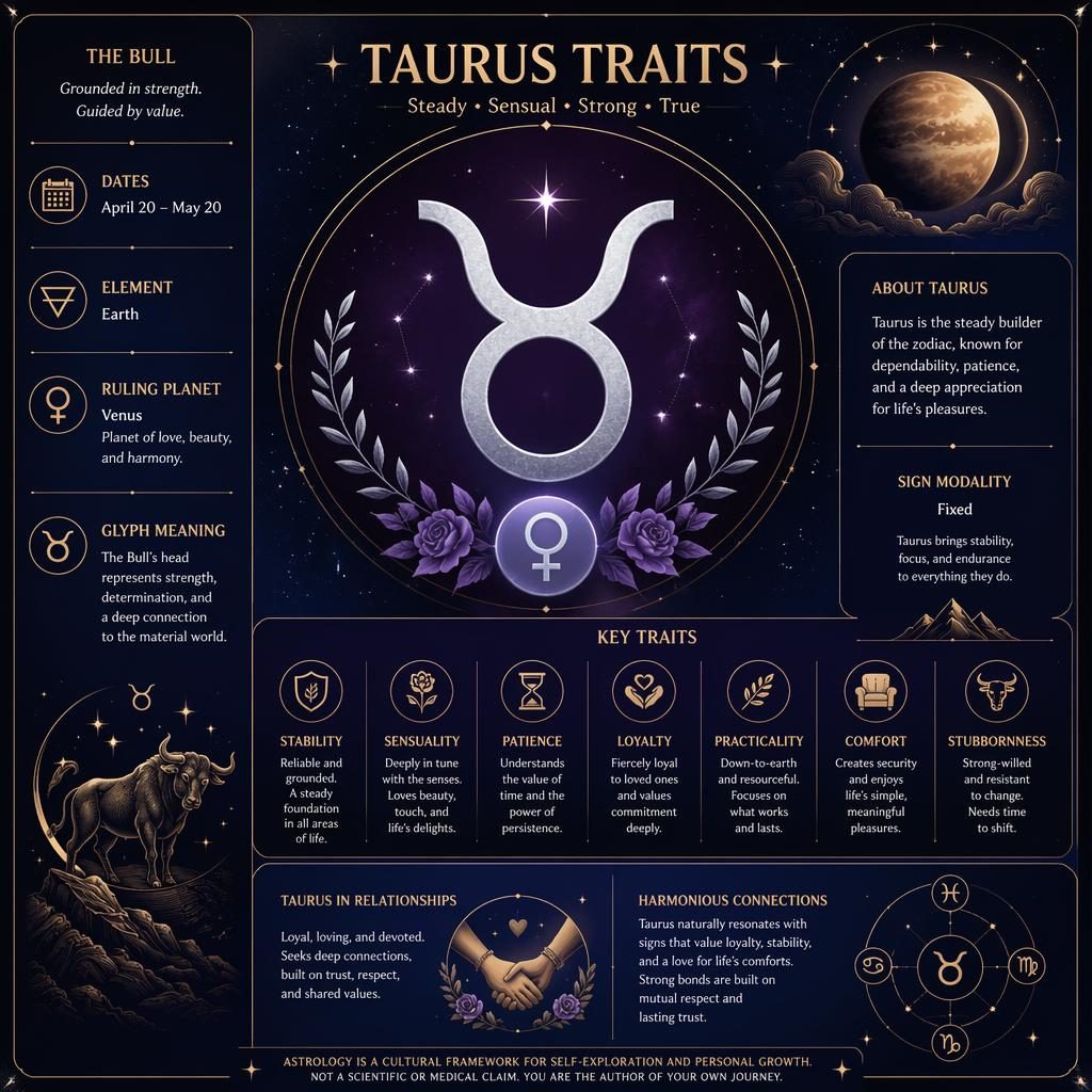 Minimal Taurus traits infographic with Taurus glyph, dates, Venus, element, celestial icons, and astral map motifs.