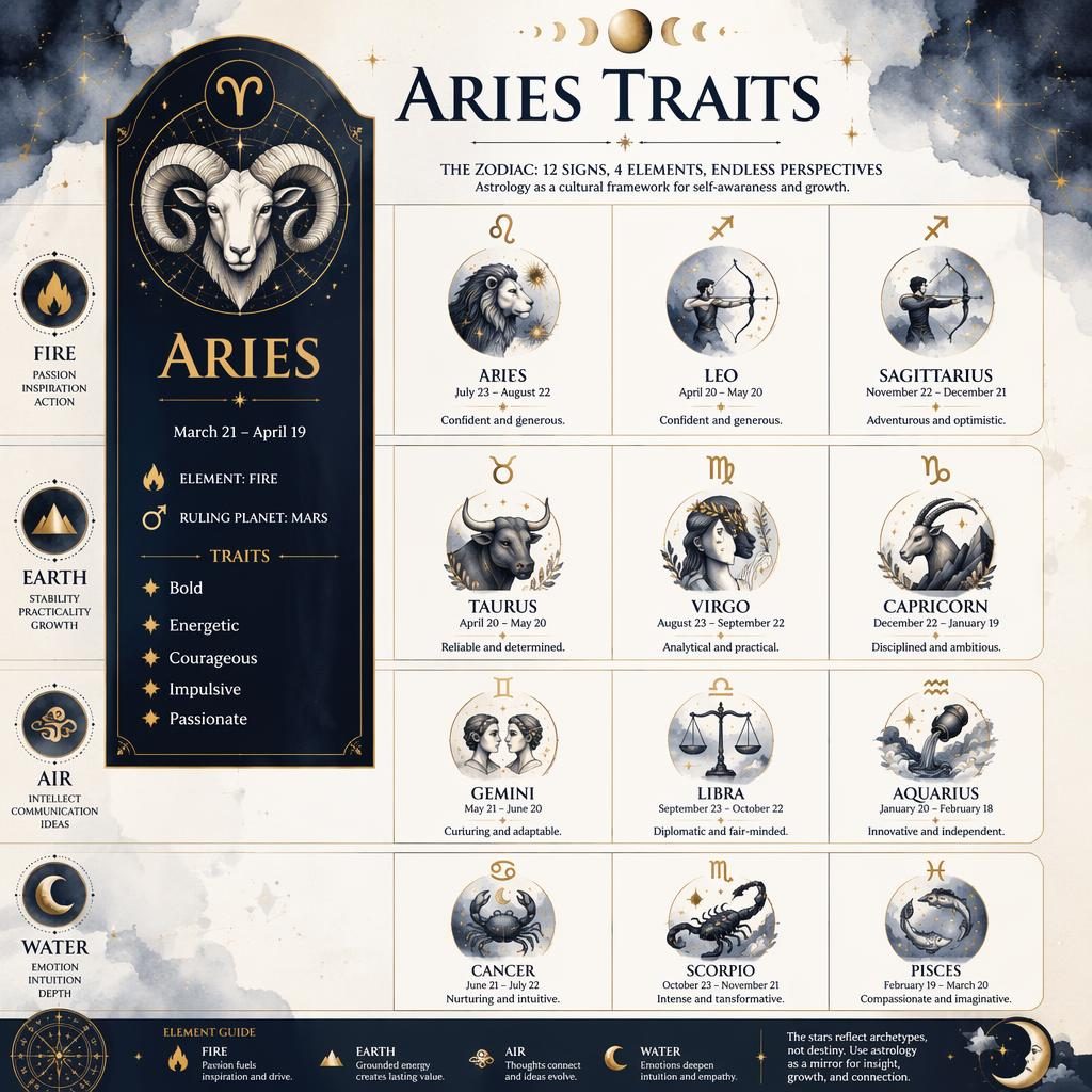 Watercolor zodiac infographic with Aries highlighted, 12-sign elemental grid, deep blue and gold celestial motifs.