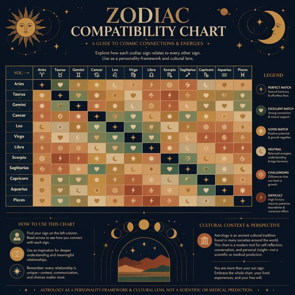 Minimal zodiac compatibility heatmap infographic with 12 signs, glyphs, legend, celestial accents, and deep blue gold palette.