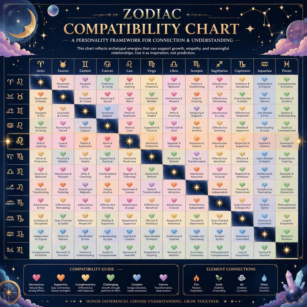 Mapa de calor 12×12 de compatibilidad zodiacal con estilo celestial pastel, título en inglés y énfasis visual en Leo.