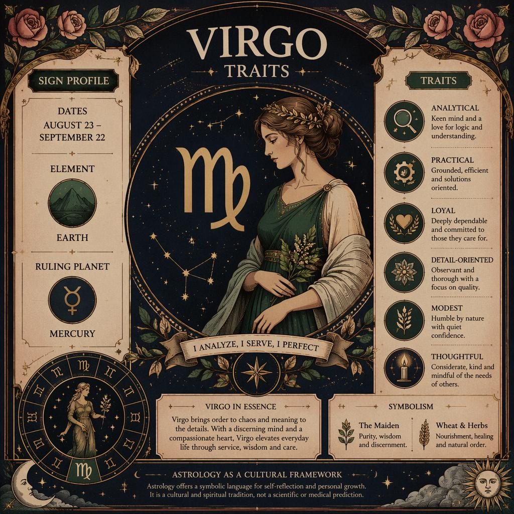Vintage-style Virgo traits infographic with Virgo glyph, dates, Earth element, Mercury, stars, botanicals, and ornate borders