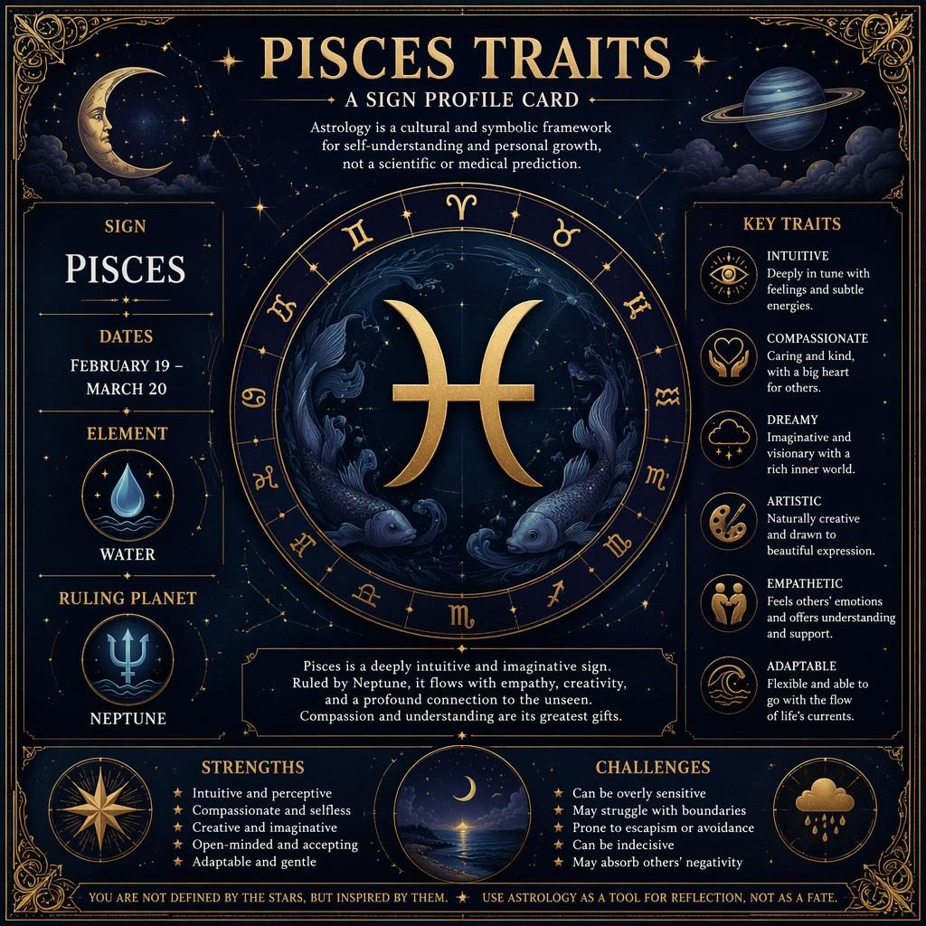 Infografía vintage de Piscis en azul noche y dorado, con glifo central, rueda zodiacal, iconos y rasgos en inglés.