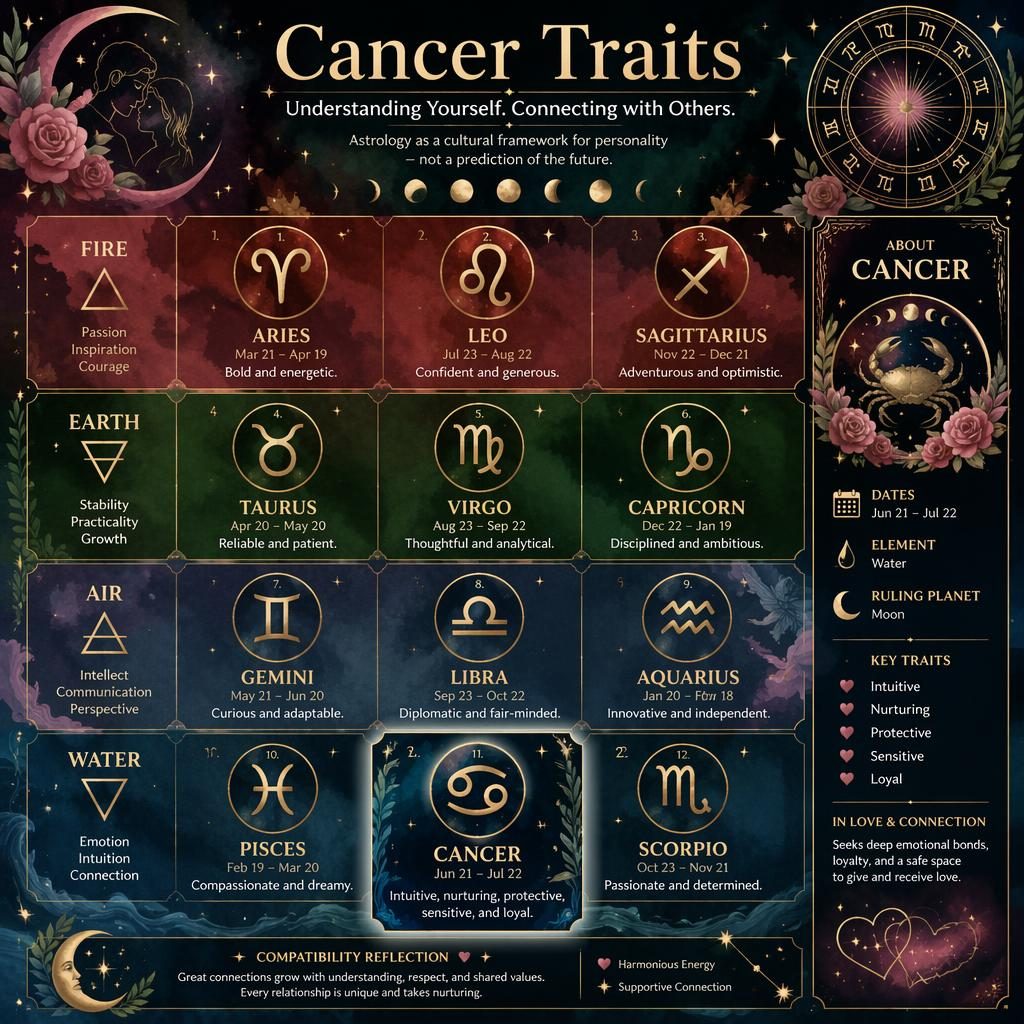 Infographie astrologique du Cancer en grille 12 signes, palette rose et forêt, aquarelle céleste, Cancer mis en avant.