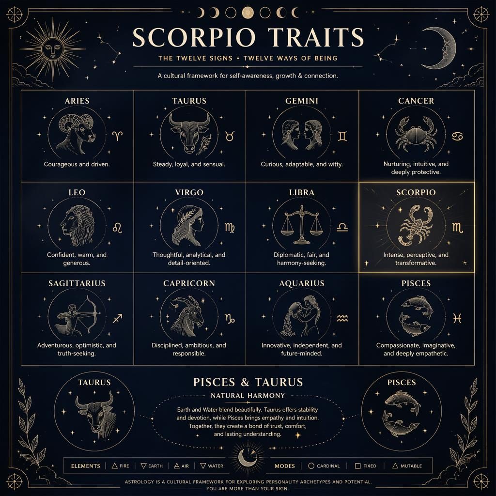 Infografía editorial de 12 signos del zodiaco en cuadrícula, con Scorpio destacado y motivos celestes minimalistas.