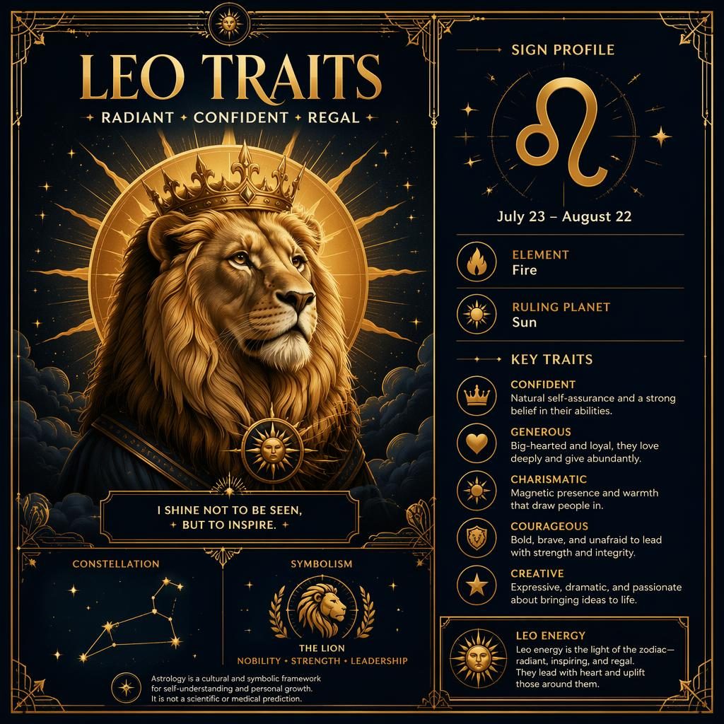 Leo Traits zodiac profile card infographic with Leo glyph, lion motifs, date range, element, ruling planet, traits.
