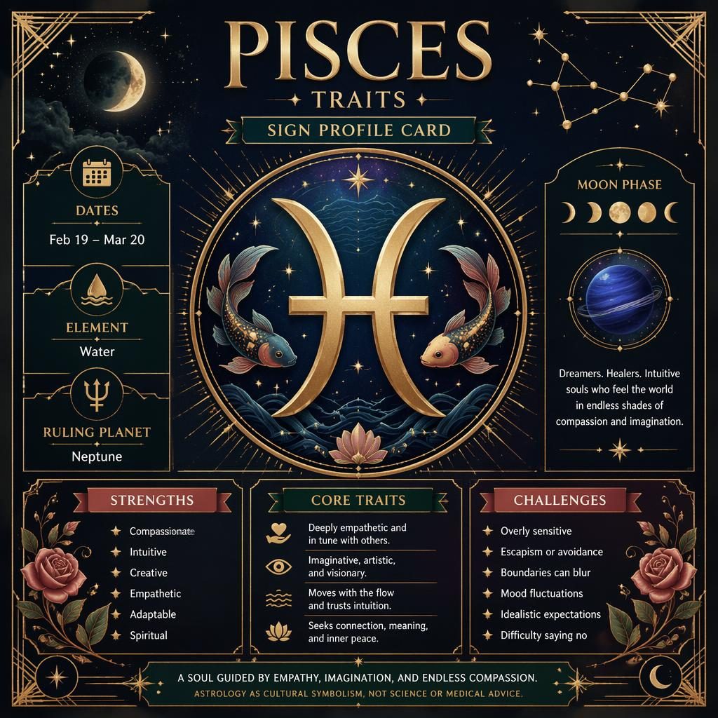 Art deco Pisces traits infographic with gold glyph, Neptune, dates, element, stars, moon phases, and celestial borders.