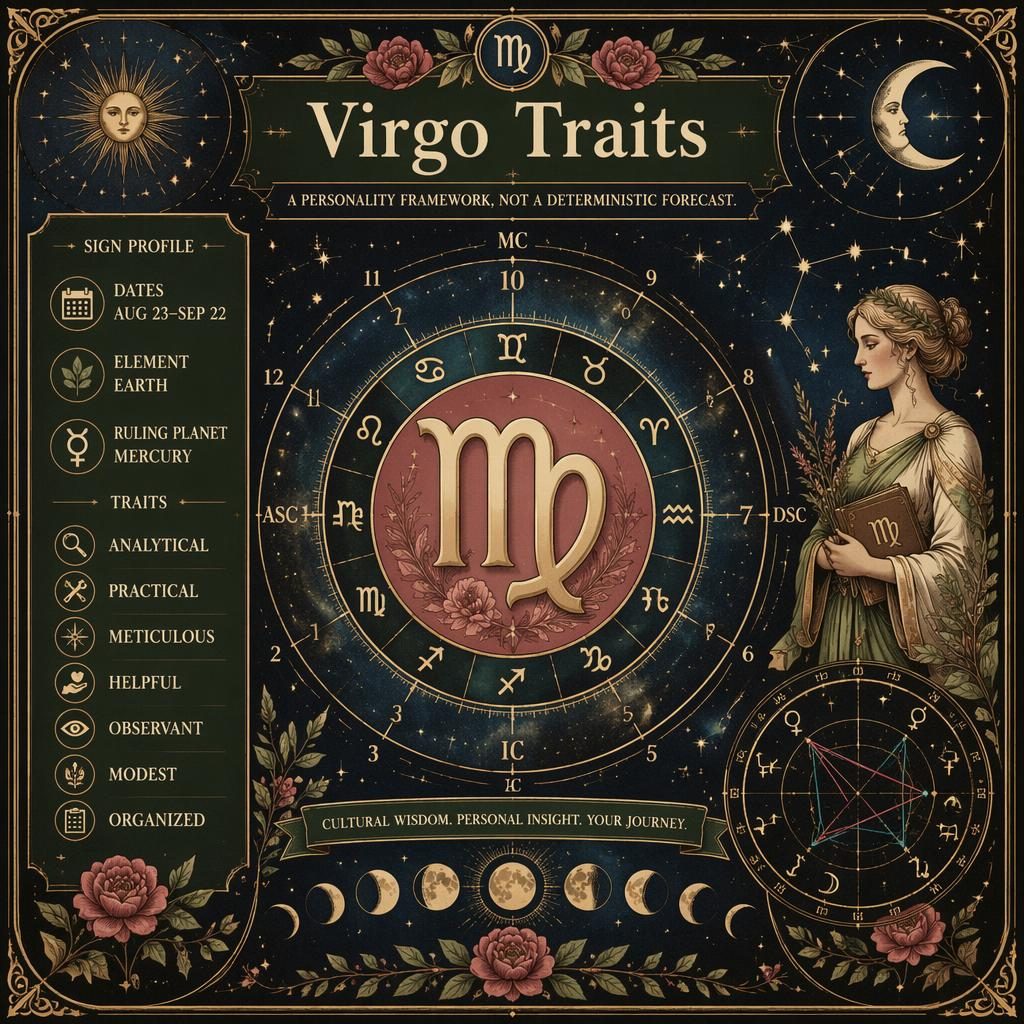 Vintage Virgo traits infographic with Virgo glyph, Aug 23–Sep 22 dates, Earth, Mercury, zodiac wheel, stars and ornate borders.