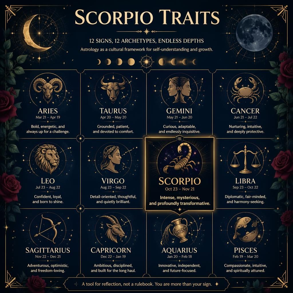 Editorial zodiac infographic in a 12-sign grid with Scorpio emphasized, celestial motifs, star maps, moon phases, and gold accents.