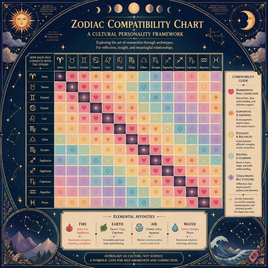 Vintage-style zodiac compatibility heatmap infographic with 12 signs, celestial motifs, moon phases, stars, and gold accents.