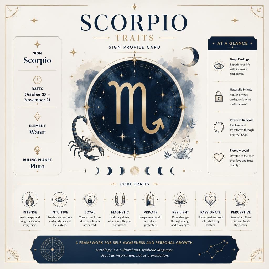 Minimal pastel Scorpio traits infographic with glyph, star map accents, moon phases, constellation lines, and English labels.