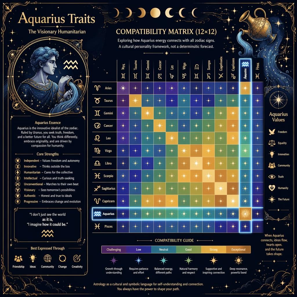 Infografika Aquarius Traits s 12×12 maticí kompatibility, znameními zvěrokruhu, tmavě modrým pozadím a zlatými nebeskými prvky.