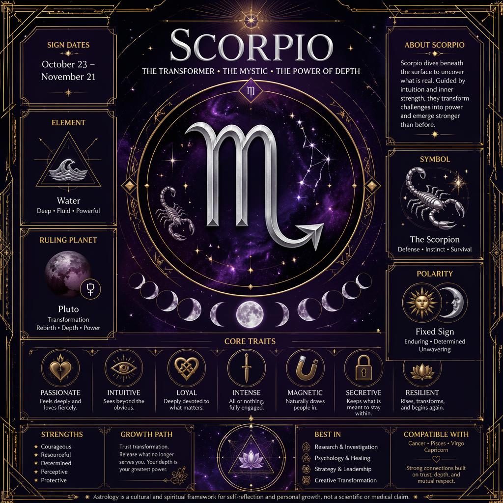 Infografía zodiacal de Escorpio con glifo central Art Déco, tonos púrpura y plata, detalles dorados y paneles celestiales.