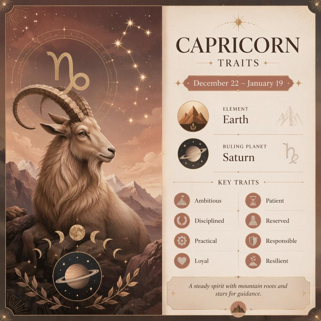 Tarjeta infográfica de Capricornio con glifo, constelación, fechas, elemento Tierra, Saturno y rasgos en diseño pastel.