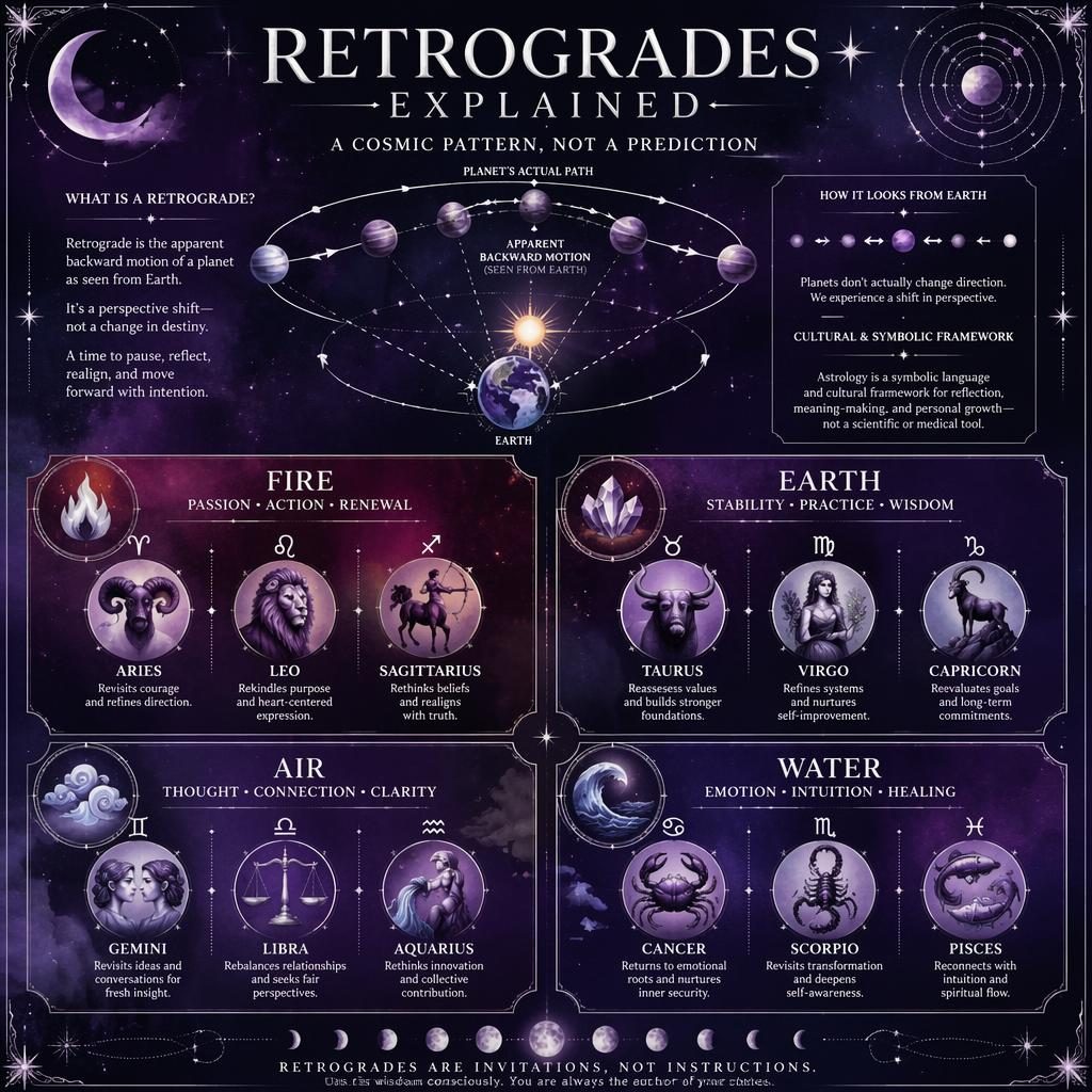 Mystical zodiac infographic with 12-sign grid by Fire, Earth, Air, and Water, showing retrograde arrows, moon phases, and star maps.