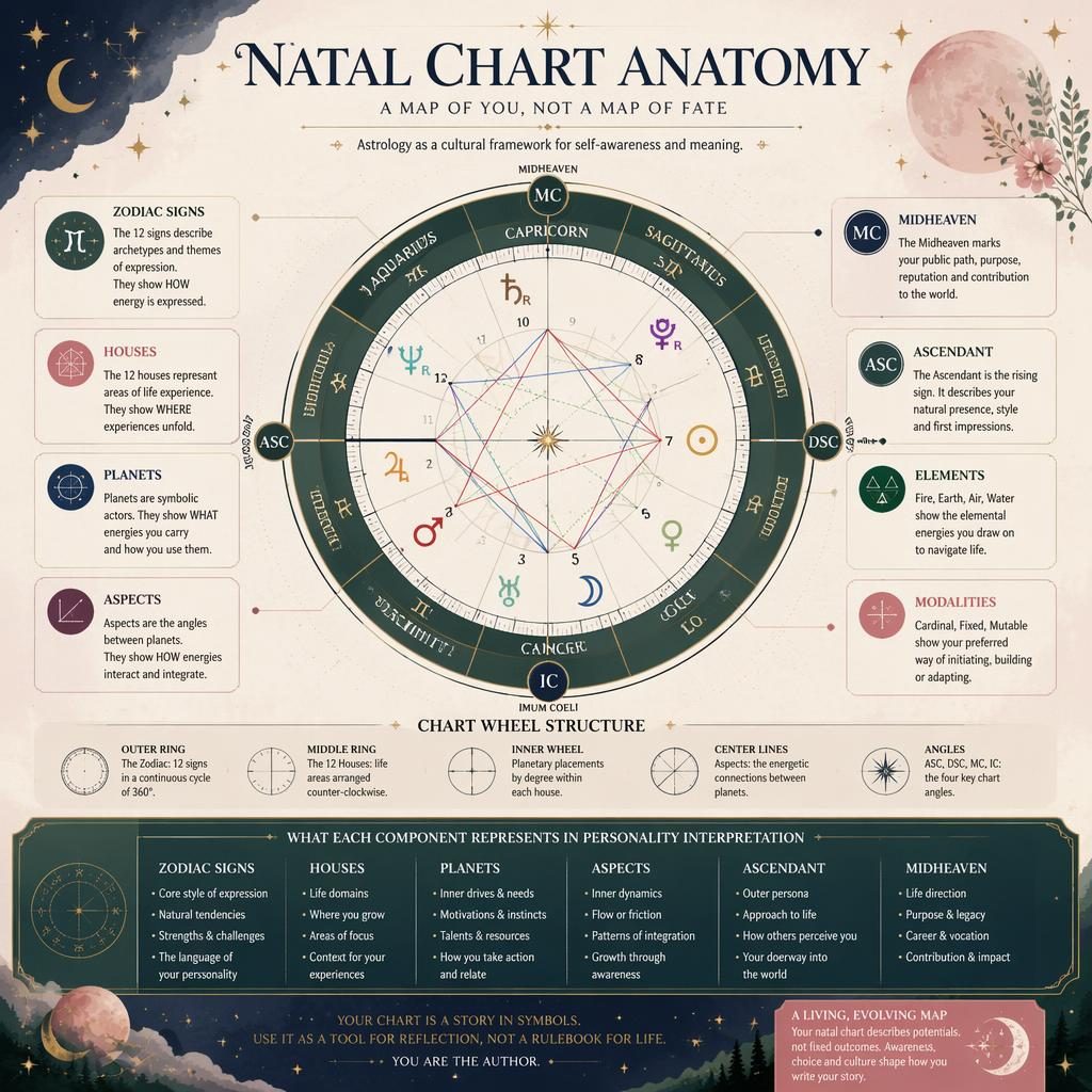 Elegant pastel astrology infographic with a circular natal chart wheel, labeled houses, planets, aspects, Ascendant, and Midheaven.
