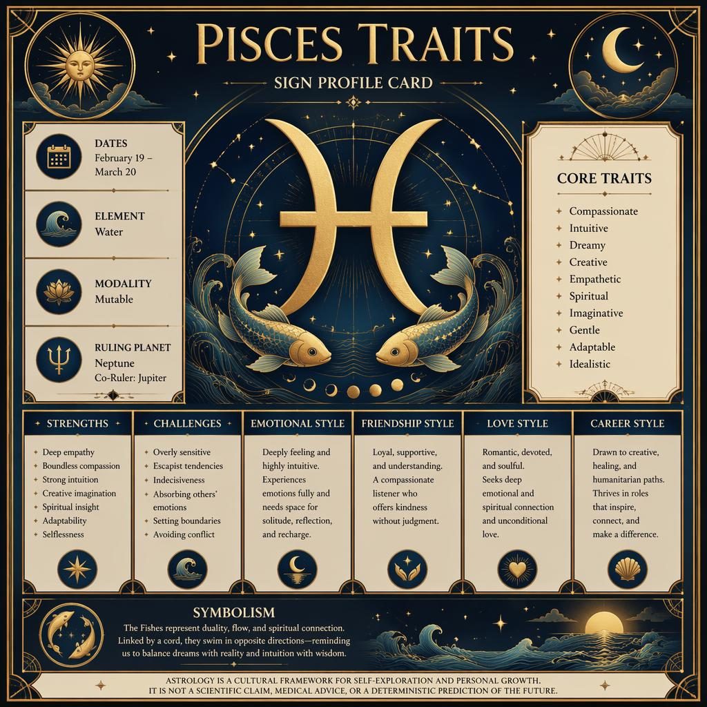 Art deco Pisces traits infographic card with gold Pisces glyph, dates, element, Neptune, Jupiter, traits, stars and moon phases.