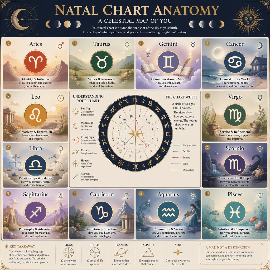 Pastel celestial zodiac infographic with a 12-sign grid, chart wheel motifs, moon phases, constellations, and English labels.