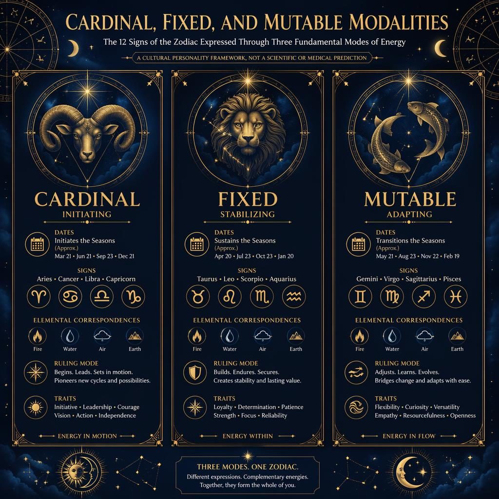 Three vertical zodiac modality cards in midnight blue and gold for Cardinal, Fixed, and Mutable with signs, traits, and celestial motifs.