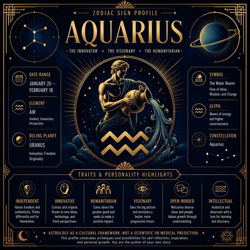 Infografía zodiacal Art Déco de Acuario en azul medianoche y dorado, con glifo central, constelaciones, marcos dorados y texto en inglés.