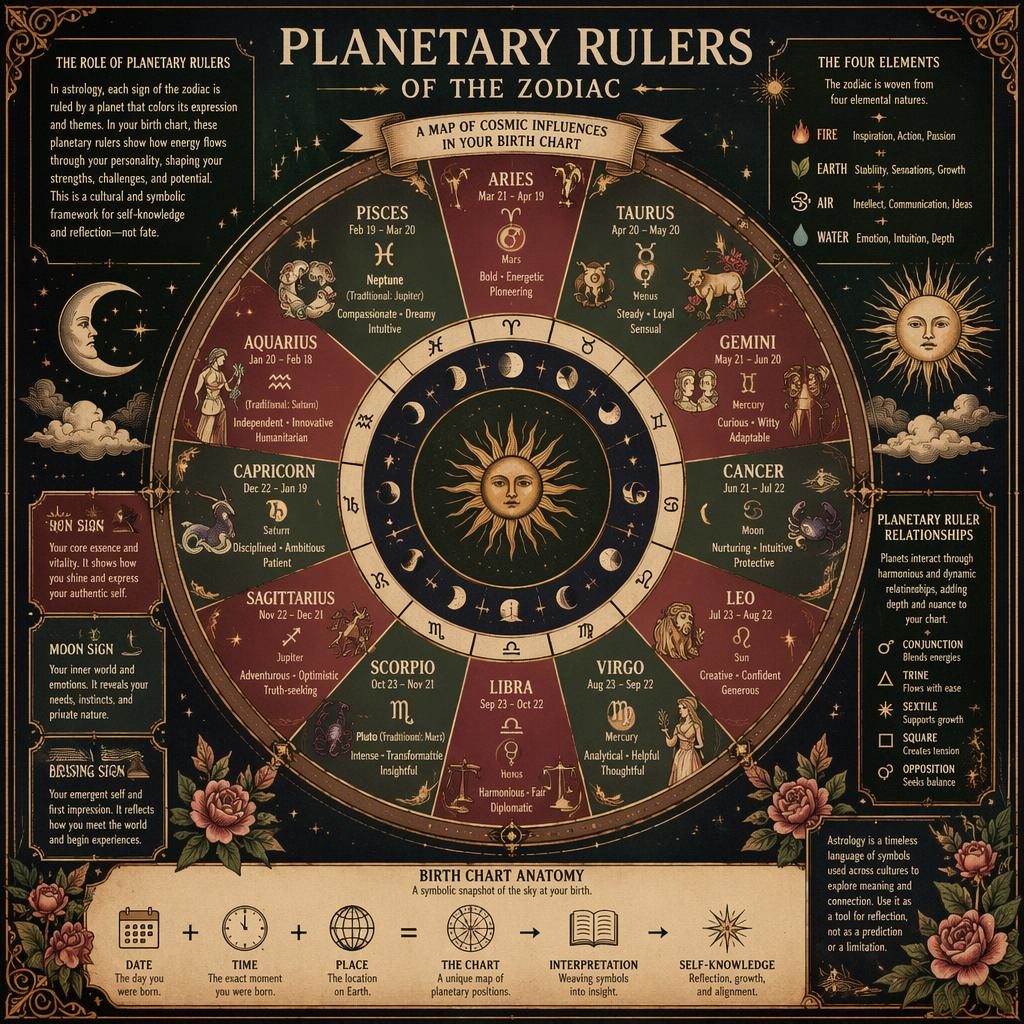 Vintage astrology infographic with zodiac wheel, 12 signs, ruling planets, Sun, Moon, Rising sections, and celestial motifs