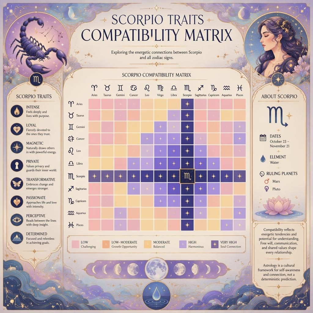 Art nouveau Scorpio zodiac compatibility heatmap with 12 signs, pastel celestial frames, gold linework, glyphs, traits panels.