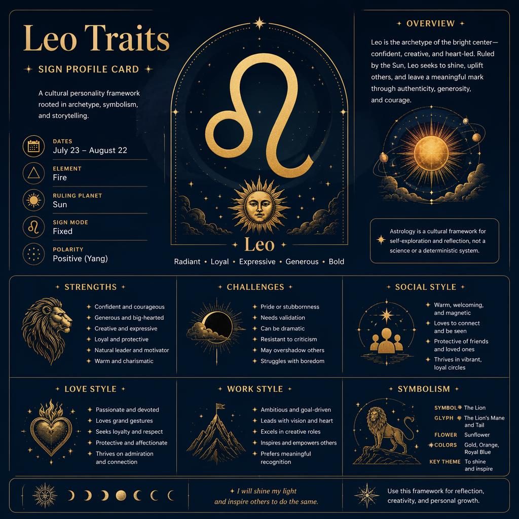 Leo traits infographic card with large Leo glyph, Sun ruling planet, dates, traits, and celestial icons in blue and gold.