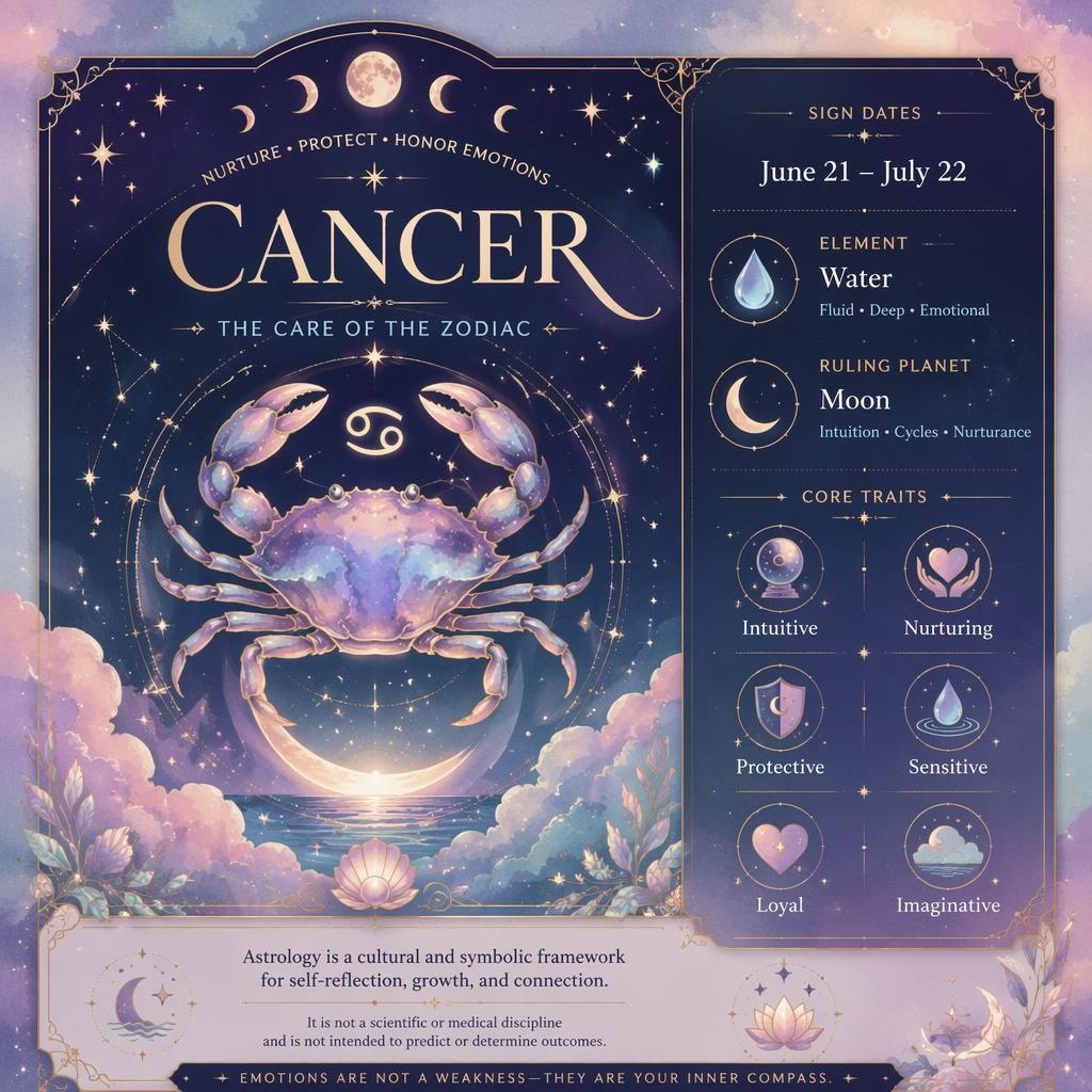 Pastel celestial Cancer traits infographic with crab glyph, moonlit stars, nebula clouds, and English zodiac labels.