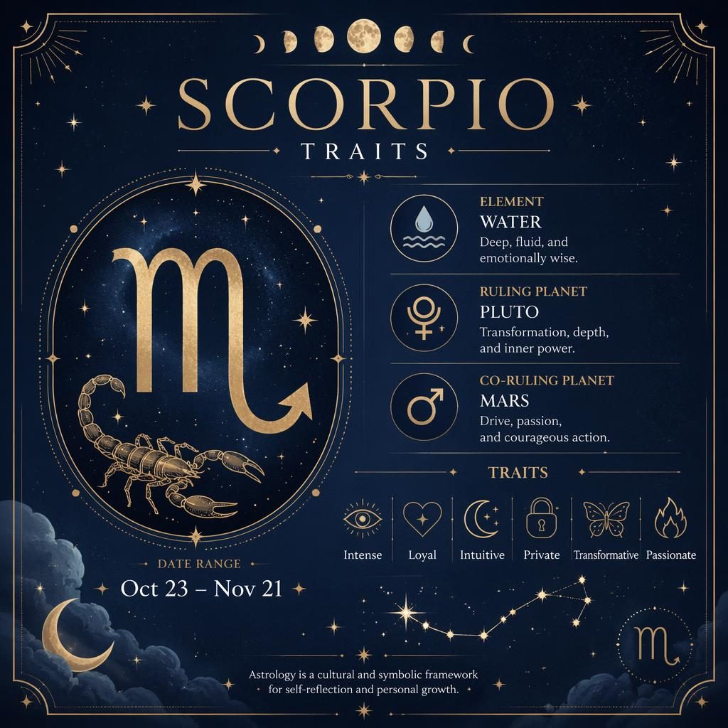 Minimal Scorpio traits infographic with glyph, Oct 23–Nov 21, Water, Pluto and Mars, stars, moon phases, and gold accents.