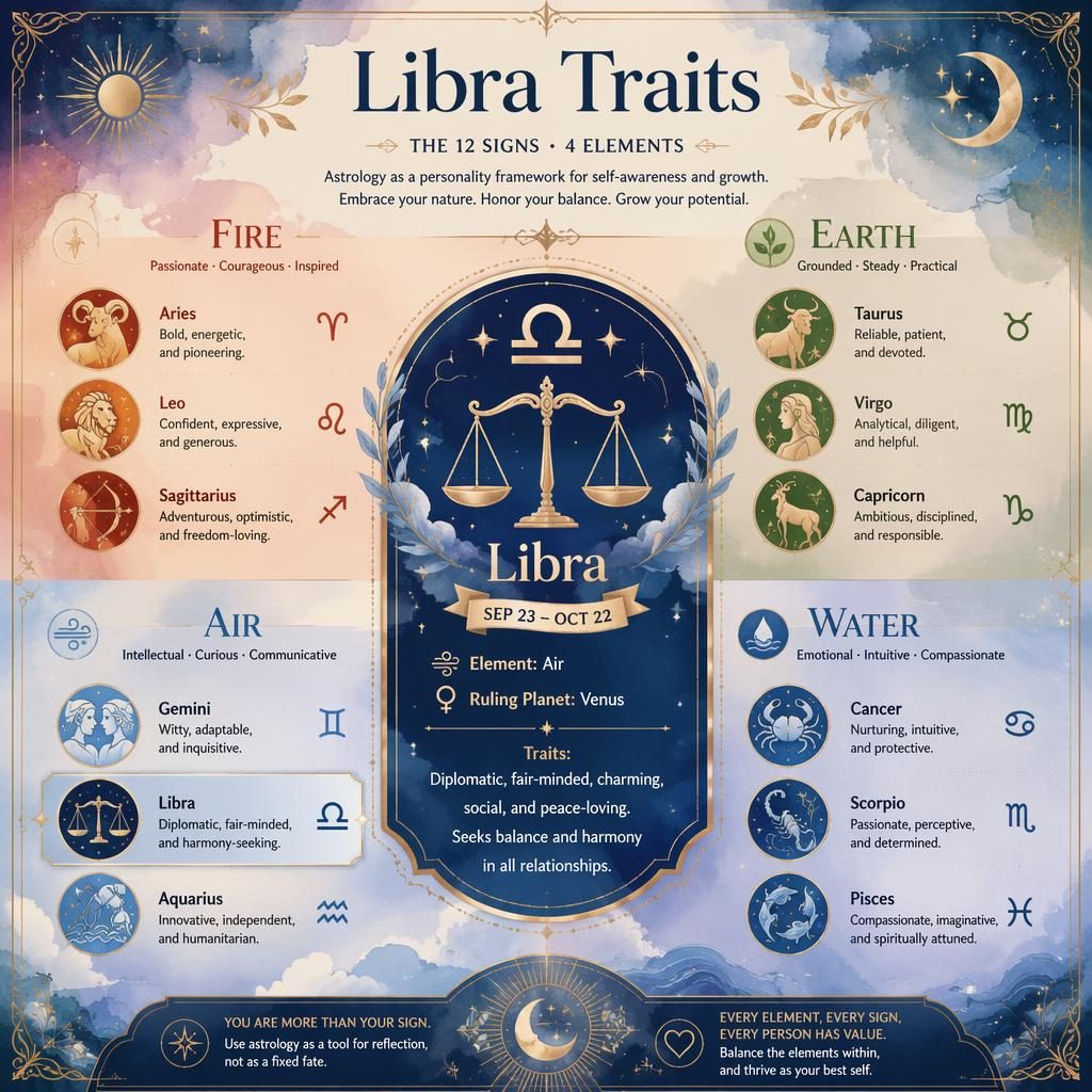 Celestial zodiac infographic with 12-sign elemental grid, Air section highlighted, and Libra featured with traits and symbols.