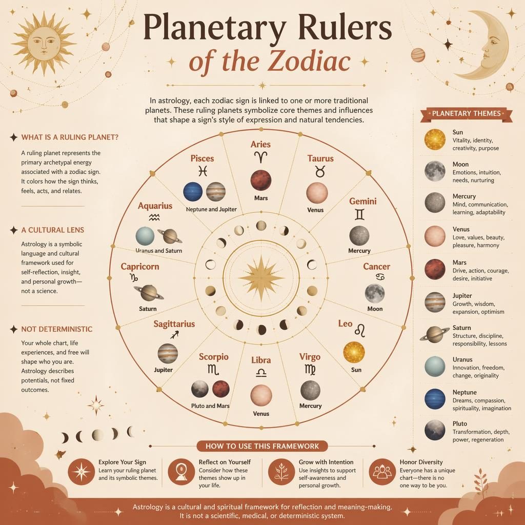 Celestial zodiac infographic with a 12-sign wheel, ruling planets, English labels, orbit lines, stars, and moon phases.