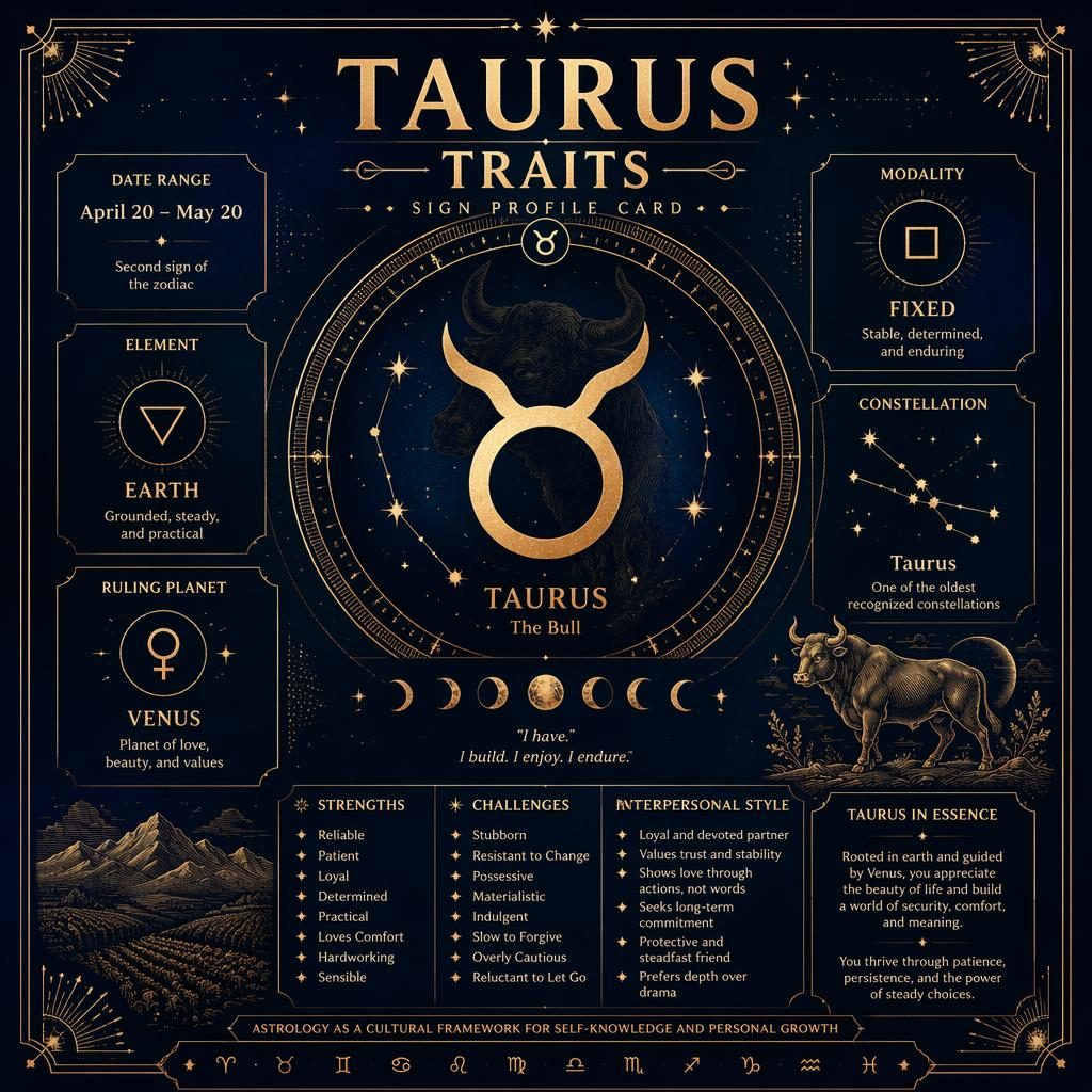 Vintage Taurus traits infographic in deep blue and gold with Taurus glyph, dates, Venus, element, traits, moon phases and star charts.