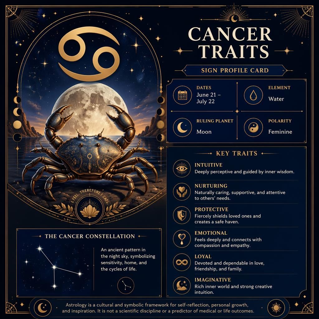 Celestial Cancer zodiac infographic with moon glyph, June 21–July 22 dates, water element, moon symbolism, and gold art deco details.