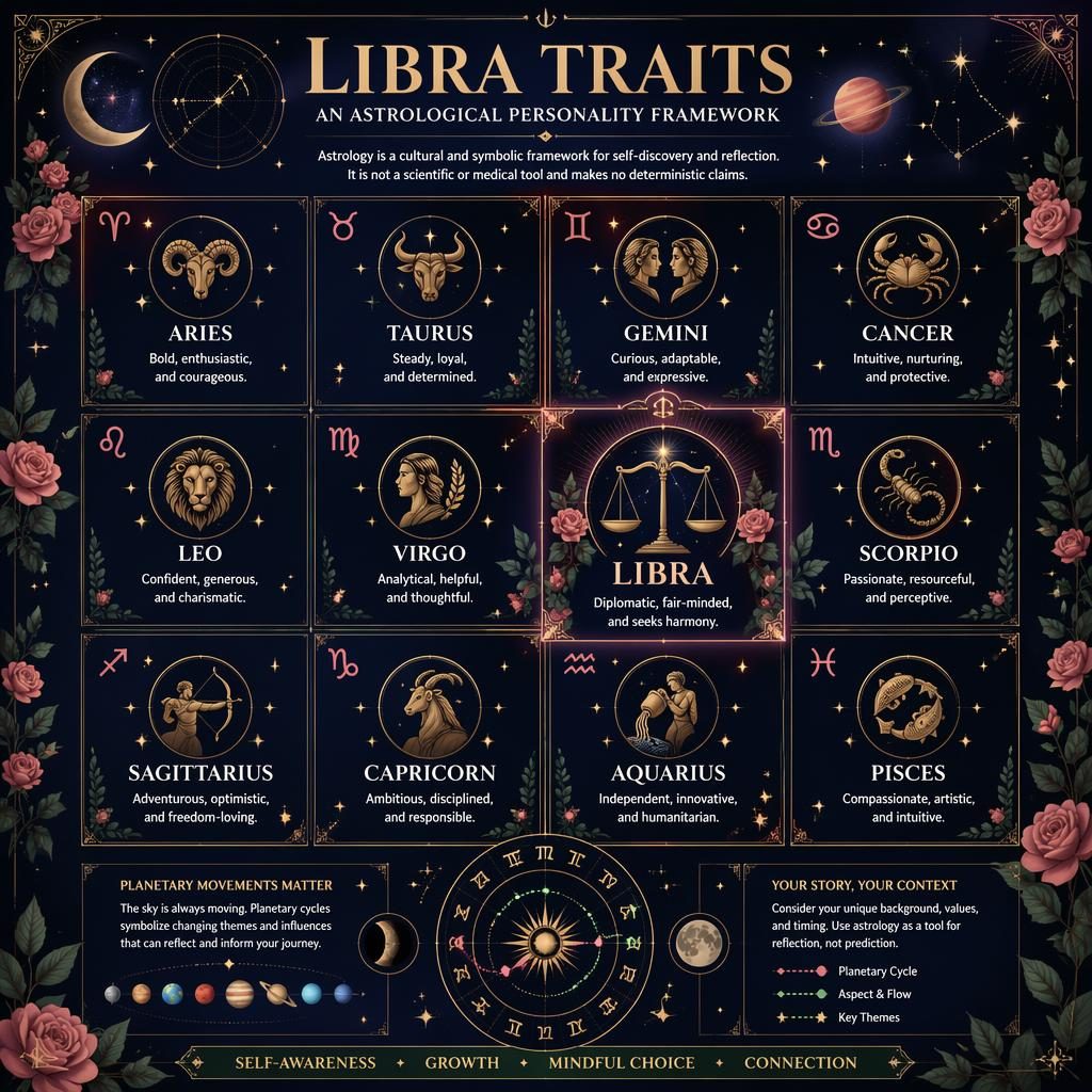 Editorial zodiac grid infographic showing all 12 signs, with Libra highlighted in deep blue, gold, rose, and forest tones.