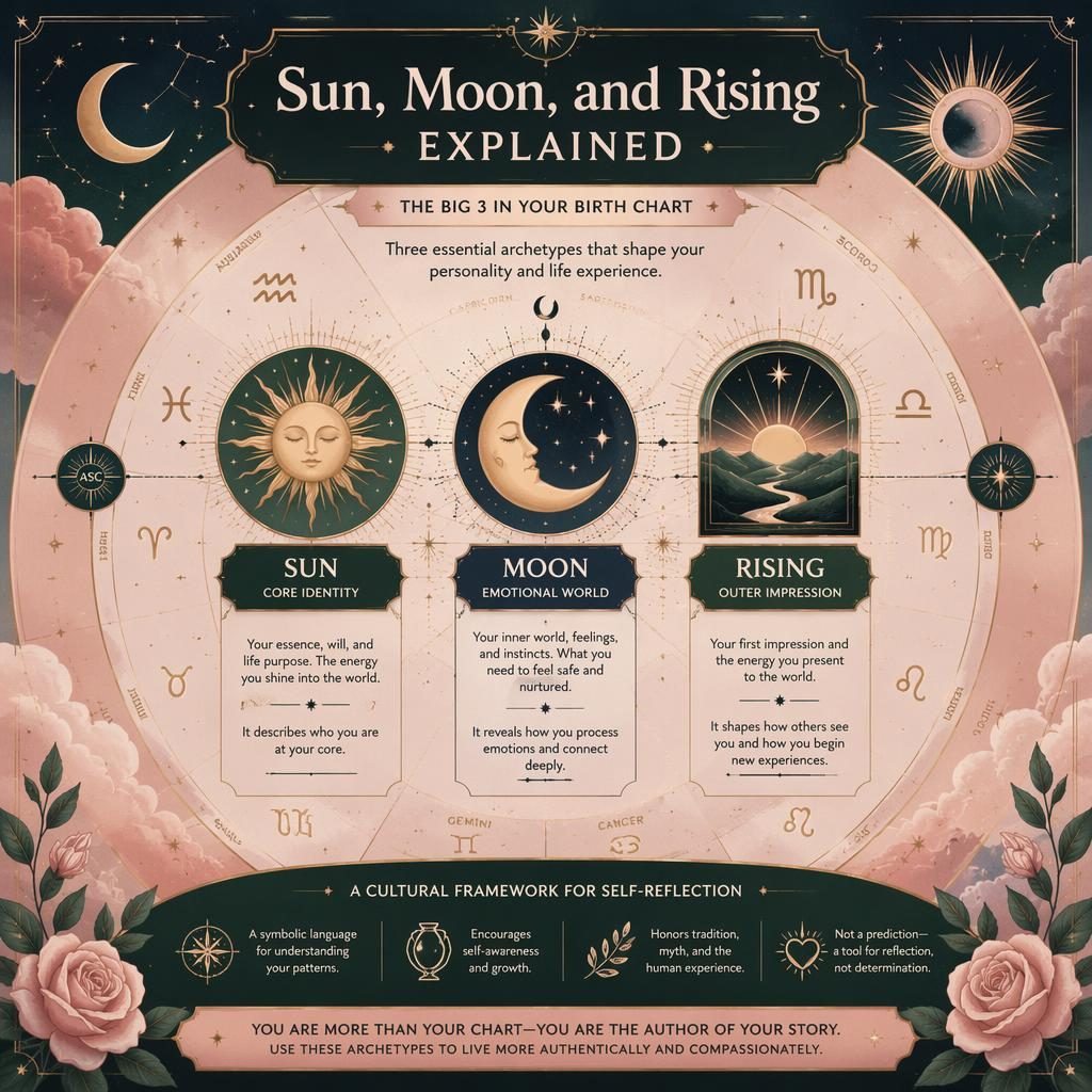 Pastel astrology infographic with Sun, Moon, and Rising icons, zodiac wheel, constellation lines, and English labels.